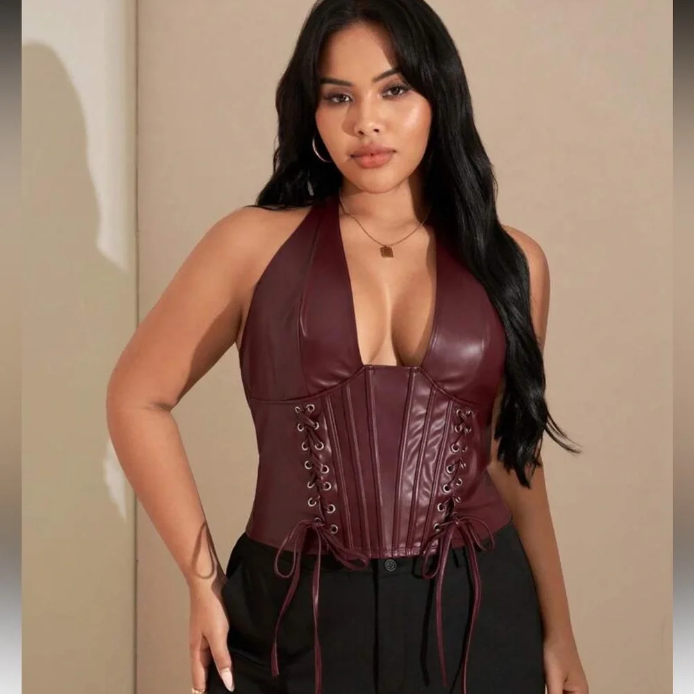 SHEIN Burgundy Lace-Up Corset Top - Picture 2 of 11